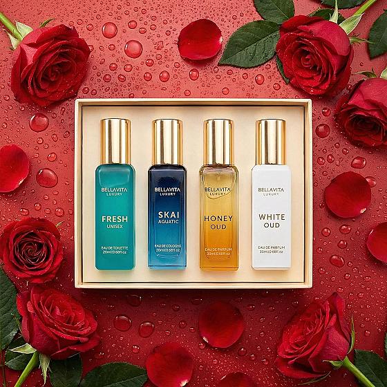 Bellavita Luxury Unisex Perfume Gift Set With Honey Oud, White Oud, Skai, And Fresh | 80ml |